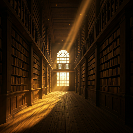 Atmospheric view inside an ancient dusty library with towering wooden shelves and shafts of golden light
